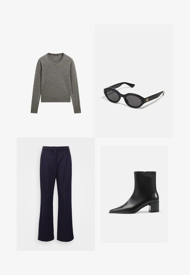 Grå långärmad tröja i mjukt tyg, med rundad hals och ribbade kanter, i en något kortare design.; DESIGNERS REMIX ZOE PANTS - Tygbyxor - navy/white; Svart läderankelboot med spetsig tå, slät yta och medelhög blockklack. Minimalistisk design, dragkedjestängning bak.; Svarta ovala solglasögon med mörka linser och blank plastbåge. Utrustade med en gyllene logotyp på bågen, vilket ger en snygg och modern design.