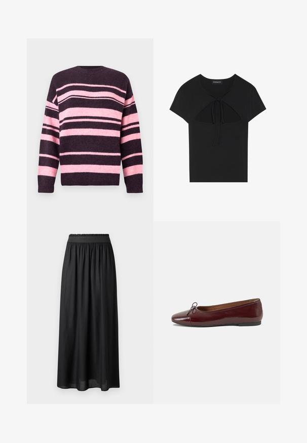Stripete genser i mørk lilla og myk rosa, med brede horisontale striper, rund hals og ribbestrikkede mansjetter. Laget av teksturert strikket materiale.; Svart t-skjorte med kort erme og rund hals, med utskjæring og knytelukking foran. Laget av myk, lettvektig stoff.; Svart midilengde skjørt laget av lett stoff, med elastisk liv og en flytende silhuett med en glatt tekstur.; Burgunderrød lakk lær ballettleilighet med rund tå, liten sløyfe foran og en lav, svart gummisåle. Glatt tekstur.