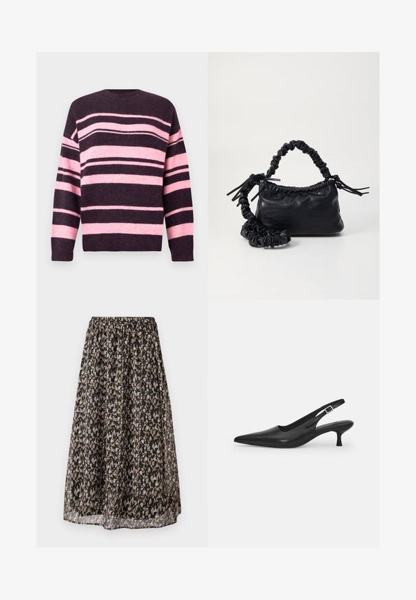 Svītraina džemperis tumši violetā un maigi rozā krāsā ar plašām horizontālām svītrām, apaļu kakla izgriezumu un ribveida aprocēm. Izgatavots no teksturētas adītas materiāla.; Melna īsām piedurknēm augšdaļa ar apaļu kakla izgriezumu, kurai ir izgriezuma detaļa un sasienama aizdare priekšā. Izgatavota no mīksta, viegla auduma.; Melna midi svārki, izgatavoti no viegla auduma, ar ziedu rakstu tan un krēmkrāsā. Elastīgs jostasvīrs nodrošina regulējamu fit.; Melnas ādas slīdošās kurpes ar norādītu pirkstu un šauru, izliekta papēdi. Ar diskrētu regulējamu siksniņu ar metāla sprādzi.; Melnā mākslīgās ādas rokassoma ar krokodila rakstu, savilkta augšdaļa un saburzīta siksna. Izskatās mīksta un kompakta pēc dizaina.