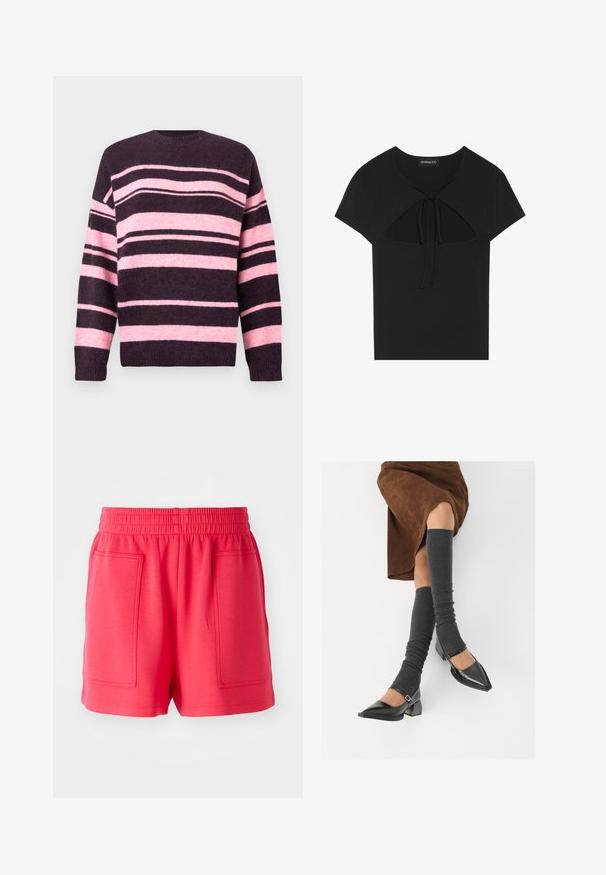 Gestreepte trui in donkerpaars en zachtroze, met brede horizontale strepen, een ronde hals en geribbelde manchetten. Gemaakt van textuurgebreid materiaal.; Zwarte top met korte mouwen en een ronde halslijn, voorzien van een uitsnijding en striksluiting aan de voorkant. Gemaakt van een zachte, lichte stof.; Rode sportieve shorts gemaakt van lichtgewicht stof, met een elastische tailleband en twee grote zijzakken. Glad textuur, knielange snit.; Zwarte gepatineerde leren pumps met een puntige neus, een blokhak en een enkelbandje, gecombineerd met grijze geribde beenwarmers en een bruine suède rok.