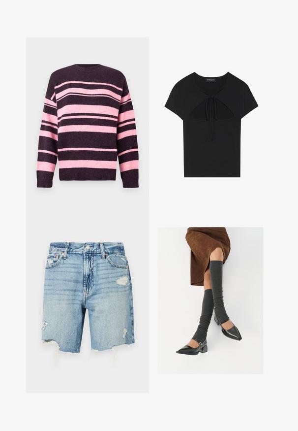 Stribet sweater i mørk lilla og blød pink med brede, horisontale striber, rund halsudskæring og ribbede ærmeender. Fremstillet af struktureret strikket materiale.; Sort kortærmet bluse med rund halsudskæring, der har en udskæring foran og bindebånd. Lavet af blødt, letvægtsstof.; Lyseblå denimshorts med højt talje. Har slidte detaljer med frynset kant og flere lommer. Klassisk fem-lommet design.; Sorte patenterede lædersko med spids tå, blokhæl og ankelrem, kombineret med grå ribbede benvarmere og en brun ruskinds nederdel.