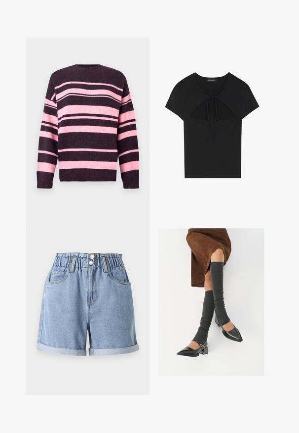 Svītraina džemperis tumši violetā un maigi rozā krāsā ar plašām horizontālām svītrām, apaļu kakla izgriezumu un ribveida aprocēm. Izgatavots no teksturētas adītas materiāla.; Melna īsām piedurknēm augšdaļa ar apaļu kakla izgriezumu, kurai ir izgriezuma detaļa un sasienama aizdare priekšā. Izgatavota no mīksta, viegla auduma.; Gaiši zili džinsu šorti ar elastīgu jostu, divām priekšējām kabatām, ar apļveida malām un dubultā pogas aizdari. Gluda tekstūra, ikdienišķs dizains.; Melnas laka ādas apavi ar norādītu purngalu, blokveida papēdi un potīšu jostu, saskaņoti ar pelēkām ribotām kāju sildītājām un brūnu zamšādas svārku.