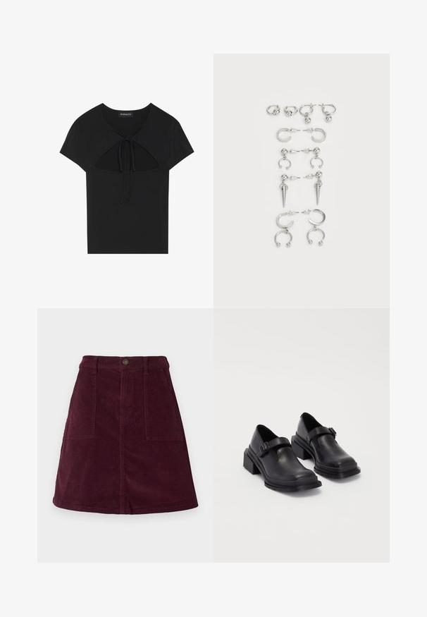 Triibuline kampsun tumelillas ja pehmes roosas, laiade horisontaalsete triipudega, ümmarguse kaelusega ja soonikutega mansettidega. Valmistatud tekstureeritud kootud materjalist.; Musthave musta lühikeste varrukatega top, millel on ümmargune kaelus, lõikega detail ja seotud esitasku. Valmistatud pehmest ja kergest kangast.; Bordoopunane korduroost A-lõikega seelik, millel on kaks esist taskut, vöökohal kinnituskruvi ja tekstuuriga pind.; Mustad mustad jalanõud ümmarguse varbaga, tasase tallaga ja kinnitusega rihmaga, millel on pandla detail. Suure plokknina, mis tagab lisastabiilsuse.; Hõbedaste kõrvarõngaste komplekt, mis sisaldab erinevaid stiile: rõngad, kõrvaaugud ja rippuvad mudelid, millel on kuulitaolised aktsendid ja teravad elemendid.