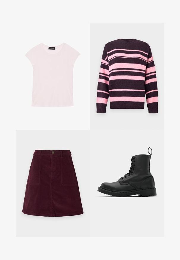 Raidallinen paita tumman violetin ja vaaleanpunaisen sävyissä, leveillä vaakaraitoja, pyöreä pääntie ja resorit hihansuissa. Valmistettu teksturoidusta neulospinta-materiaalista.; Vaaleanpunainen T-paita, jossa on lyhyet hihat, pyöreä kaula-aukko ja poimutetut sivuyksityiskohdat. Valmistettu pehmeästä, kevyestä kankaasta.; Viininpunainen manserokangas A-linjahame, jossa kaksi etutaskua, vyötärön napitus ja teksturoitu pinta.; Musta nahkasaapas taisteluun, jossa on pyöreä kärki, nauhakiinnitys etuosassa ja vetolenkki nilkassa. Varustettu paksulla kumipohjalla kestävyystä varten.