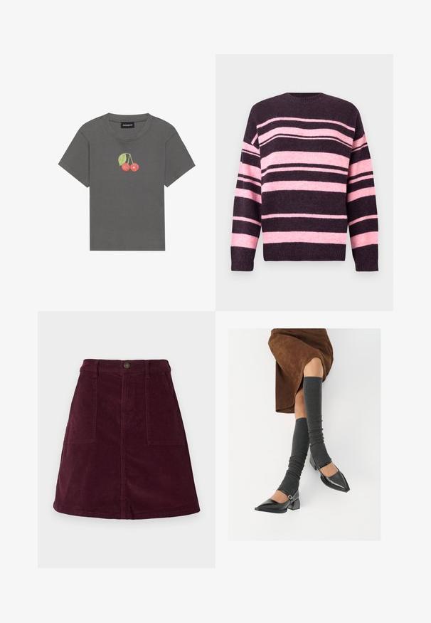 Striped sweater in dark purple and soft pink, featuring wide horizontal stripes, round neckline, and ribbed cuffs. Made of textured knit material.; Gray ribbed T-shirt with short sleeves, featuring a small cherry graphic with leaves embroidered on the chest.; Burgundy corduroy A-line skirt featuring two front pockets, a button closure at the waist, and a textured surface.; Black patent leather pointed-toe shoes with a block heel and ankle strap, paired with gray ribbed leg warmers and a brown suede skirt.