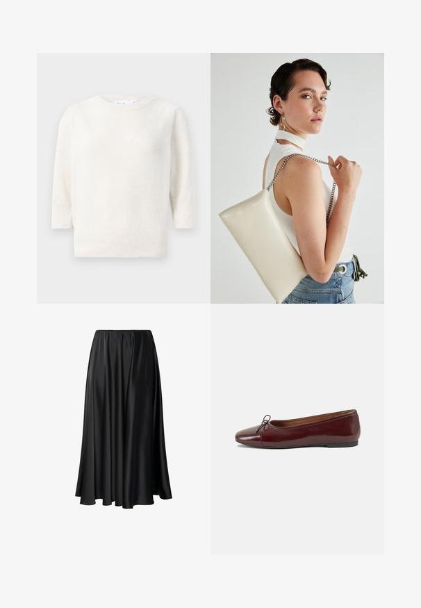 Pulover alb tricotat cu guler rotund, mâneci de lungime medie și tiv cu nervuri. Textură moale, material ușor și fără modele vizibile.; Fustă maxi neagră dintr-un material neted, cu un brau elastic, siluetă amplă și tiv fluid, fără modele sau detalii vizibile.; Balerini din piele patent burgund cu vârful rotund, accent de fundiță mică în față și talpă joasă din cauciuc negru. Textură netedă.; Geantă de clutch rectangulară albă, realizată dintr-un material lucios, având o curea de lanț argintie. Modelul pozează, evidențiind geanta pe un fundal simplu.