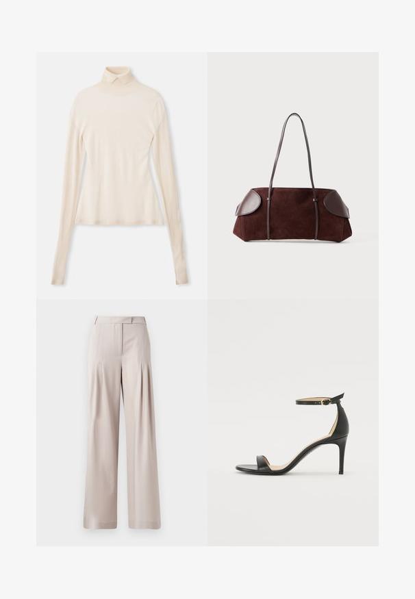 Pull encolure montant crème en tissu doux et lisse, doté de manches longues, d'une silhouette ajustée et d'un léger stretch pour le confort.; Pantalons larges beiges avec une texture lisse, un design plissé à l'avant et une taille ajustée. Convient pour une tenue formelle ou décontractée.; Sandale à talons hauts en cuir noir avec une lanière de cheville. Présente une texture lisse, un bout ouvert et un talon fin. Détail de boucle en ton doré.; Sac en daim marron avec des accents en cuir, forme structurée, double poignées, bords arrondis, présentant une texture lisse et un matériel minimal.