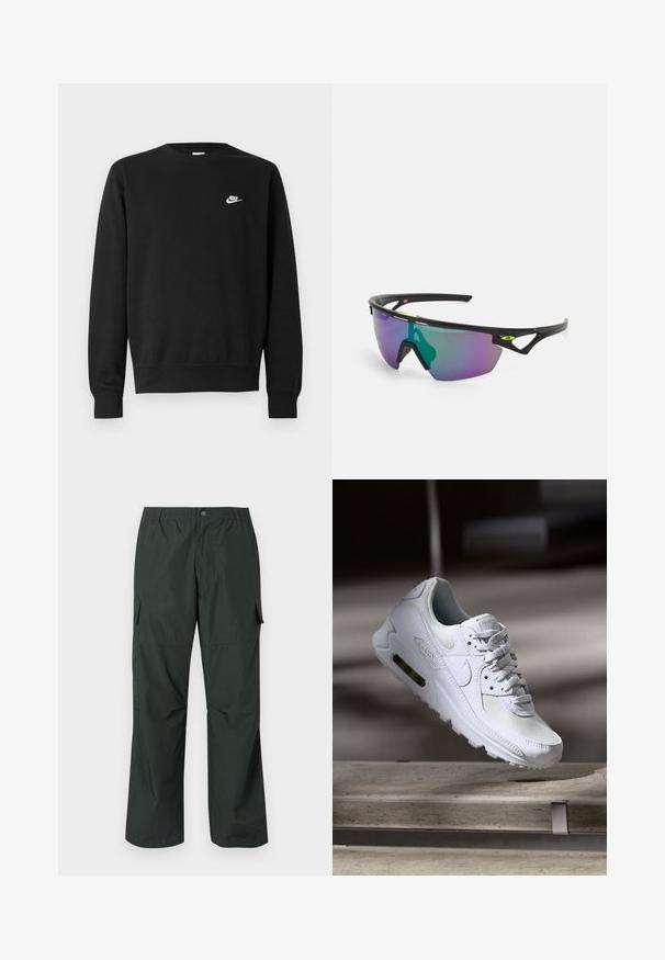 Zwarte sweatshirt met een ronde halslijn, lange mouwen en geribbelde manchetten. Heeft een klein wit Nike-logo op de borst. Zachte textuur.; Donker groene cargobroek met een ontspannen pasvorm, elastische tailleband, gestikte zakken en een soepele, lichte stoftextuur.; Witte Nike Air Max 90 sneaker met een bovenwerk van mesh en leer, een geperforeerde teenbox en een zichtbare luchtunit in de hiel.; Sport zonnebril met een zwart montuur, grote verlooplenzen met paarse en groene tinten, en hoekige ontwerpaccenten met logo-details.