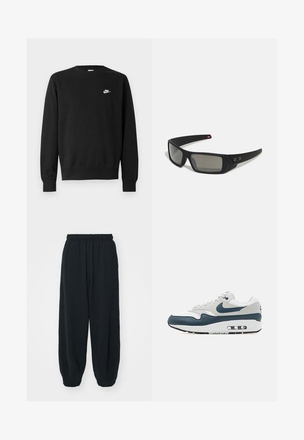 Čierna mikina s okrúhlym výstrihom, dlhými rukávmi a rebrovanými manžetami. Obsahuje malé biele logo Nike na hrudi. Mäkká textúra.; Čierne tepláky s elastickým pásom, vo voľnom strihu, s manžetami na členkoch, hladkej textúry a bez viditeľných vzorov alebo kovových doplnkov.; Nike Sportswear AIR MAX 1 - Tenisky - summit white/armory navy; Čierne slnečné okuliare s matným povrchom, obdĺžnikové šošovky, mierna krivka na straničkách, nenápadný detail loga a šošovky so zafírovaným tónovaním.