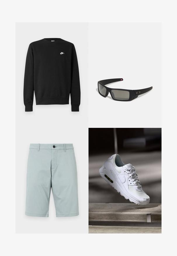 Czarna bluza z okrągłym dekoltem, długimi rękawami i ściągaczami przy mankietach. Posiada małe białe logo Nike na piersi. Miękka tekstura.; Jasnoniebieskie szorty wykonane z gładkiego materiału z płaskim przodem, dwiema bocznymi kieszeniami i pojedynczym zapięciem na guzik. Czysty, dopasowany design.; Białe sneakersy Nike Air Max 90 z siateczkowym i skórzanym wierzchem, perforowanym czubkiem oraz widoczną jednostką Air w pięcie.; Czarne okulary przeciwsłoneczne z matowym wykończeniem, prostokątne soczewki, lekko wygięte zauszniki, subtelny detal z logo oraz szkła w odcieniu dymnym.