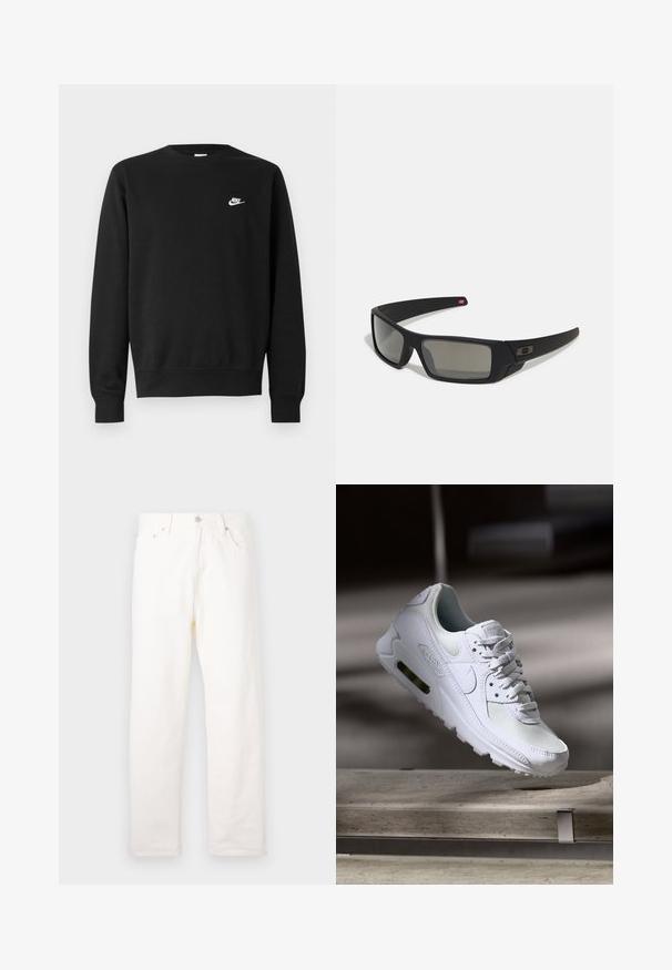 Black sweatshirt with a round neckline, long sleeves, and ribbed cuffs. Features a small white Nike logo on the chest. Soft texture.; White denim jeans with a straight leg design, featuring front pockets, metal button closure, and classic stitching detail.; White Nike Air Max 90 sneaker featuring a mesh and leather upper, perforated toe box, and a visible air unit in the heel.; Black sunglasses with a matte finish, rectangular lenses, slight curve on temples, subtle logo detail, and smoke-tinted lenses.