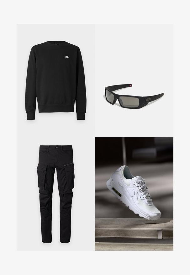 Must mustriga, ümarate kraega, pikkade varrukate ja soonikvarrukatega. Rinnal on väike valge Nike logo. Pehme tekstuur.; Mustad mustekad, mis on valmistatud vastupidavast kangast, mitme küljetasku, lukuga tasku, kitsenevad jalad ja tugevdatud õmblused.; Valged Nike Air Max 90 sneakers, millel on võrkkangast ja nahast ülemine osa, aukudega varbadosa ning nähtav õhuüksus kandades.; Mustad mustaga viimistlusega prillid, ristkülikukujulised läätsed, templite kerge kõverus, diskreetne logo detail ja suitsutatud läätsed.