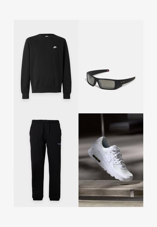 Melnā sporta puskrekla ar apaļu kakla izgriezumu, garām piedurknēm un ribota apdare pie piedurknēm. Uz krūtīm ir mazs balts Nike logo. Mīksta tekstūra.; Melni treniņbikses ar elastīgu jostu un aukliņu, ar sānu kabatām un mazu drukātu logo uz kreisā augšstilba. Mīksta auduma.; Baltas Nike Air Max 90 sporta apavi ar sietu un ādas augšdaļu, caurspīdīgu pirksta daļu un redzamu gaisa vienību papēdī.; Melni saulesbrilles ar matētu apdari, taisnstūra lēcām, nedaudz izliektiem tempļiem, smalkiem logotipa elementiem un dūmu nokrāsas lēcām.