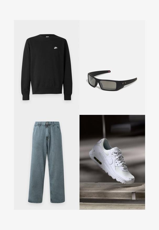 Hanorac negru cu guler rotund, mâneci lungi și manșete ribbate. Prezintă un mic logo alb Nike pe piept. Textură moale.; Pantaloni din denim albastru deschis, cu croială dreaptă, având un sistem clasic de închidere cu buton și un design cu cinci buzunare. Textură moale și detalii de cusut minime.; Adidașii Nike Air Max 90 albi, având un superior din plasă și piele, cutie pentru degete perforată și o unitate de aer vizibilă în călcâie.; Ochelari de soare negri cu o finisare mată, lentile dreptunghiulare, curbură ușoară pe bănci, detaliu subtil cu logo și lentile cu tentă fumurie.