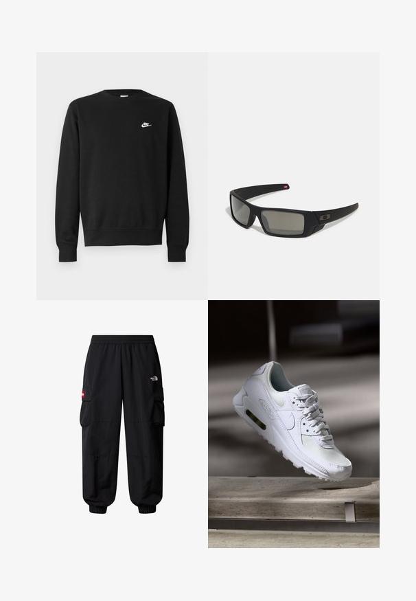 Črna majica s kapuco, okroglo izrezano ovratnikom, dolgimi rokavi in rebrastimi manšetami. Na prsih je majhen bel logotip Nike. Mehka tekstura.; The North Face HIMALAYAN - Hlačami s stranskimi žepi - tnf black; Bela Nike Air Max 90 športna obutev z mrežastim in usnjenim zgornjim delom, perforiranim prstnim delom in vidno zračno enoto v peti.; Crne sončne naočale s mat površinom, pravokutne leće, blagi luk na sljepilima, diskretna oznaka i leće sa dimnim nijansama.