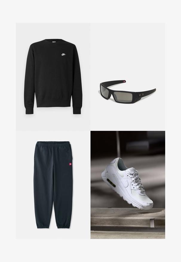 Schwarzer Sweatshirt mit Rundhalsausschnitt, langen Ärmeln und gerippten Bündchen. Verfügt über ein kleines weißes Nike-Logo auf der Brust. Weiche Textur.; Schwarze Jogginghose aus glattem Stoff, mit einem elastischen Bund, Fußbündchen und einem kleinen roten Logo-Patch an der Seite.; Weiße Nike Air Max 90 Sneaker mit einem Obermaterial aus Mesh und Leder, durchlässigem Zehenbereich und einer sichtbaren Air-Einheit in der Ferse.; Schwarze Sonnenbrille mit matter Oberfläche, rechteckigen Gläsern, leichtem Bogen an den Schläfen, dezentem Logo-Detail und rauchgetönten Gläsern.