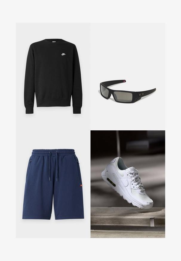 Sweatshirt noir avec un col rond, des manches longues et des poignets côtelés. Présente un petit logo Nike blanc sur la poitrine. Texture douce.; Shorts bleu marine en tissu doux, avec une taille élastique à cordons de serrage et des poches latérales zippées. Design épuré et simple.; Sneaker Nike Air Max 90 blanche avec une tige en mesh et cuir, une boîte à orteils perforée et une unité air visible au talon.; Lunettes de soleil noires avec une finition mate, verres rectangulaires, légère courbure sur les branches, détail de logo subtil et verres teintés fumés.