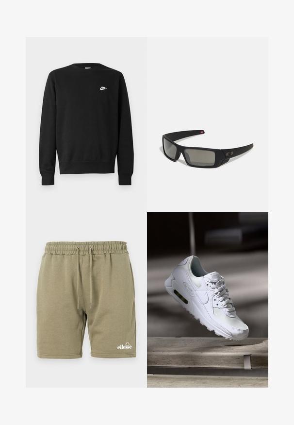 Černá mikina s kulatým výstřihem, dlouhými rukávy a žebrovanými manžetami. Na hrudi se nachází malé bílé logo Nike. Měkká textura.; Olivově zelené teplákové šortky vyrobené z měkké směsi bavlny, s elastickým páskem na šňůrku a tištěným logem v dolním rohu.; Bílé tenisky Nike Air Max 90 s vrchním materiálem z textilu a kůže, perforovanou špičkou a viditelnou vzduchovou jednotkou v patě.; Černé sluneční brýle s matným povrchem, obdélníkové čočky, mírná křivka na spáncích, nenápadný detail loga a čočky s kouřovým zabarvením.