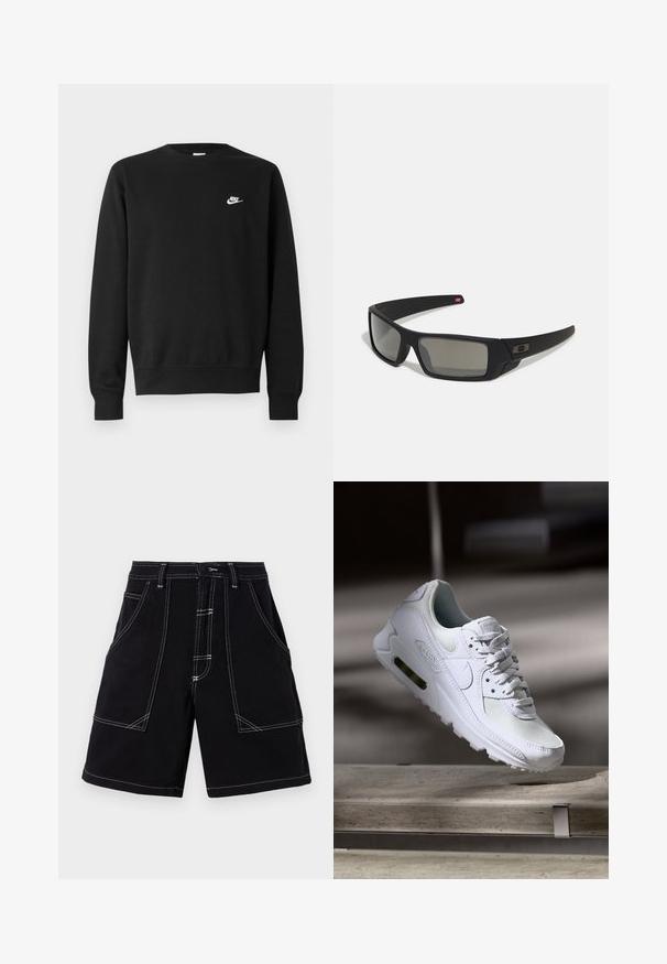 Felpa nera con scollo tondo, maniche lunghe e polsini a coste. Presenta un piccolo logo bianco di Nike sul petto. Texture morbida.; Shorts cargo neri con cuciture in contrasto bianche, multiple tasche e una vestibilità dritta. Realizzati in tessuto resistente, con una texture liscia.; Sneaker Nike Air Max 90 bianco con tomaia in mesh e pelle, punta forata e un'unità air visibile nel tallone.; Occhiali da sole neri con finitura opaca, lenti rettangolari, leggero curvatura sulle tempie, dettaglio logo discreto e lenti color fumo.