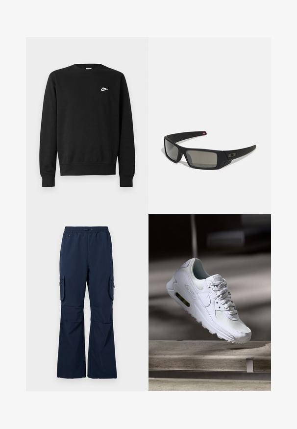 Juodas džemperis su apvaliu iškirpimu, ilgomis rankovėmis ir įvairaus audinio rankogaliais. Priekyje yra mažas baltas Nike logotipas. Minkšta tekstūra.; Jūrinės krovininės kelnes, pagamintas iš lengvos medžiagos, su raišteliu juosmens srityje, dviem šoninėmis kišenėmis ir užtrauktuku uždaromomis krovininėmis kišenėmis abiejose kojose.; Baltos Nike Air Max 90 sportbačiai su.comi ir odos viršumi, perforuota pirštų dėžute ir matomu oro pagalvėle kulne.; Juodi akiniai saulės su matinio paviršiaus užbaigimu, stačiakampiai lęšiai, švelnus lenkimas ant šventyklų, subtilus logotipo detalizavimas ir dūminiai lęšiai.