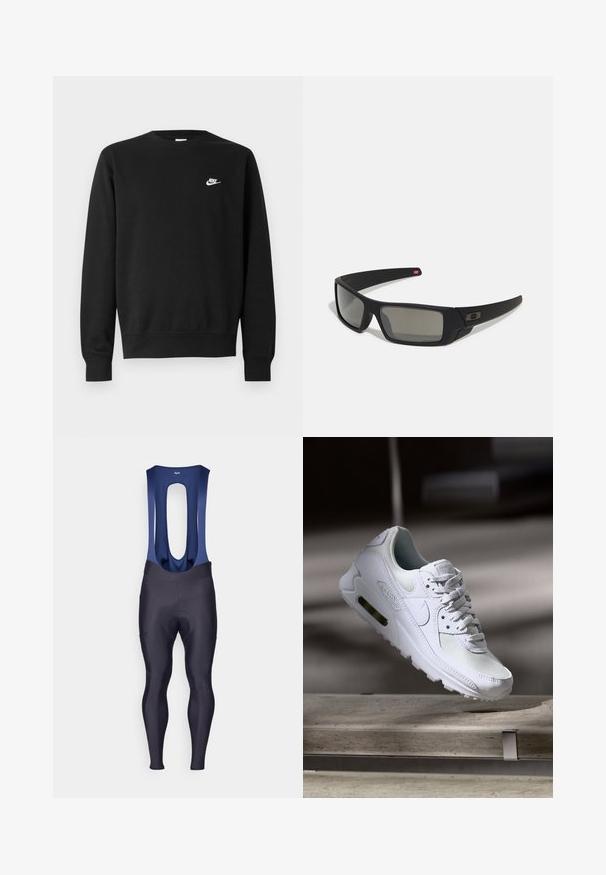 Sweatshirt noir avec un col rond, des manches longues et des poignets côtelés. Présente un petit logo Nike blanc sur la poitrine. Texture douce.; Rapha MENS CORE WINTER WITH PAD - Leggings - dark navy/navy; Sneaker Nike Air Max 90 blanche avec une tige en mesh et cuir, une boîte à orteils perforée et une unité air visible au talon.; Lunettes de soleil noires avec une finition mate, verres rectangulaires, légère courbure sur les branches, détail de logo subtil et verres teintés fumés.