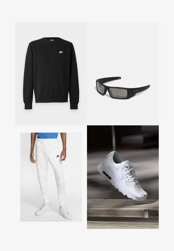 Sudadera negra con cuello redondo, mangas largas y puños de canalé. Presenta un pequeño logo de Nike en blanco en el pecho. Textura suave.; Joggers deportivos blancos con cinturilla elástica, cordón y un logo negro de Nike. Presentan una textura de tela suave y piernas ajustadas.; Zapatilla Nike Air Max 90 blanca con parte superior de malla y cuero, caja de puntera perforada y unidad de aire visible en el talón.; Gafas de sol negras con acabado mate, lentes rectangulares, ligera curvatura en las patillas, sutil detalle del logo y lentes ahumados.