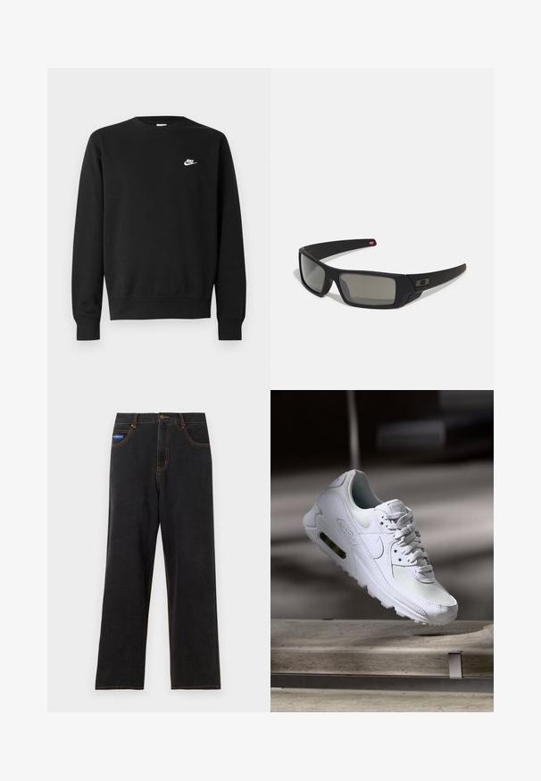 Schwarzer Sweatshirt mit Rundhalsausschnitt, langen Ärmeln und gerippten Bündchen. Verfügt über ein kleines weißes Nike-Logo auf der Brust. Weiche Textur.; Schwarze Denim-Hosen mit geradem Bein, kontrastierenden orangefarbenen Nähten, fünf Taschen und einem Knopfverschluss. Mit einem kleinen blauen Markenpatch.; Weiße Nike Air Max 90 Sneaker mit einem Obermaterial aus Mesh und Leder, durchlässigem Zehenbereich und einer sichtbaren Air-Einheit in der Ferse.; Schwarze Sonnenbrille mit matter Oberfläche, rechteckigen Gläsern, leichtem Bogen an den Schläfen, dezentem Logo-Detail und rauchgetönten Gläsern.