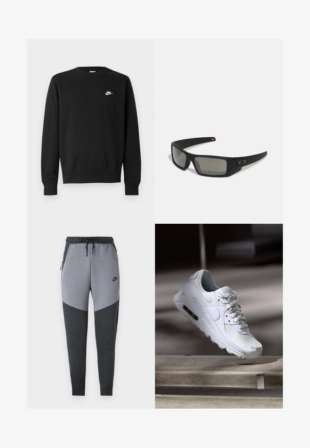 Sweatshirt preto com gola redonda, mangas longas e punhos canelados. Apresenta um pequeno logotipo branco da Nike no peito. Textura suave.; Calças de jogging da Nike em cinza e preto, com um design de bloco de cores triangular, cintura elástica com cordão e bolsos laterais.; Sapatilha Nike Air Max 90 branca com parte superior em malha e couro, caixa de dedos perfurada e uma unidade de ar visível no calcanhar.; Óculos de sol pretos com acabamento mate, lentes retangulares, leve curvatura nas hastes, detalhe sutil do logo e lentes de cor fumada.