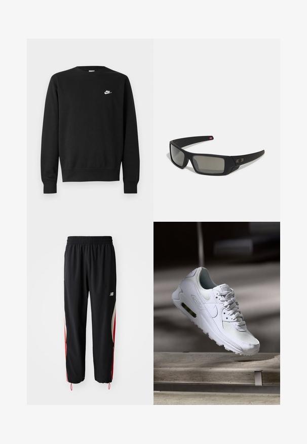 Hanorac negru cu guler rotund, mâneci lungi și manșete ribbate. Prezintă un mic logo alb Nike pe piept. Textură moale.; New Balance IN GAME TRACK PANT - Pantaloni de trening - black; Adidașii Nike Air Max 90 albi, având un superior din plasă și piele, cutie pentru degete perforată și o unitate de aer vizibilă în călcâie.; Ochelari de soare negri cu o finisare mată, lentile dreptunghiulare, curbură ușoară pe bănci, detaliu subtil cu logo și lentile cu tentă fumurie.