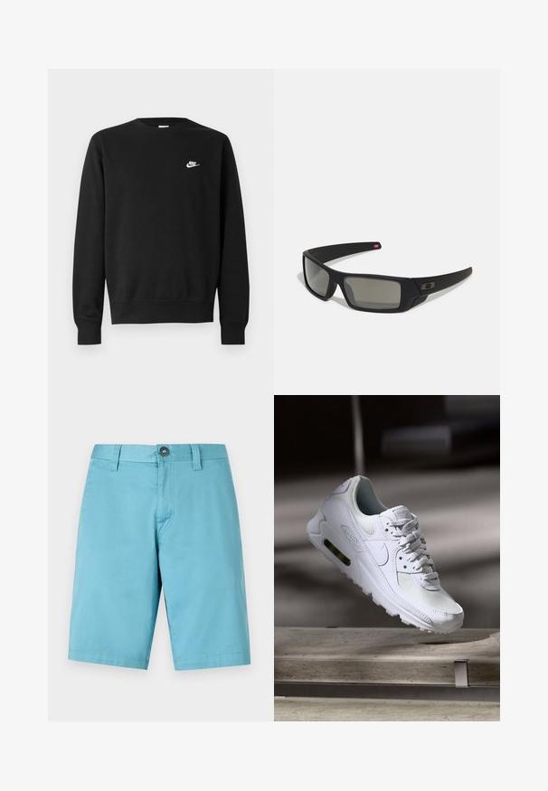 Črna majica s kapuco, okroglo izrezano ovratnikom, dolgimi rokavi in rebrastimi manšetami. Na prsih je majhen bel logotip Nike. Mehka tekstura.; Svetlo modri šortki iz gladkega materiala. Imajo gumbno zapiranje in pasne zanke, z ravnim krojem, ki sega do kolen.; Bela Nike Air Max 90 športna obutev z mrežastim in usnjenim zgornjim delom, perforiranim prstnim delom in vidno zračno enoto v peti.; Crne sončne naočale s mat površinom, pravokutne leće, blagi luk na sljepilima, diskretna oznaka i leće sa dimnim nijansama.