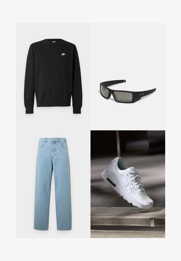 Črna majica s kapuco, okroglo izrezano ovratnikom, dolgimi rokavi in rebrastimi manšetami. Na prsih je majhen bel logotip Nike. Mehka tekstura.; Svijetloplave traperice širokih nogavica, izrađene od denima, s prednjim zatvaranjem na dugme, tradicionalnim dizajnom s pet džepova i opuštenim krojem.; Bela Nike Air Max 90 športna obutev z mrežastim in usnjenim zgornjim delom, perforiranim prstnim delom in vidno zračno enoto v peti.; Crne sončne naočale s mat površinom, pravokutne leće, blagi luk na sljepilima, diskretna oznaka i leće sa dimnim nijansama.