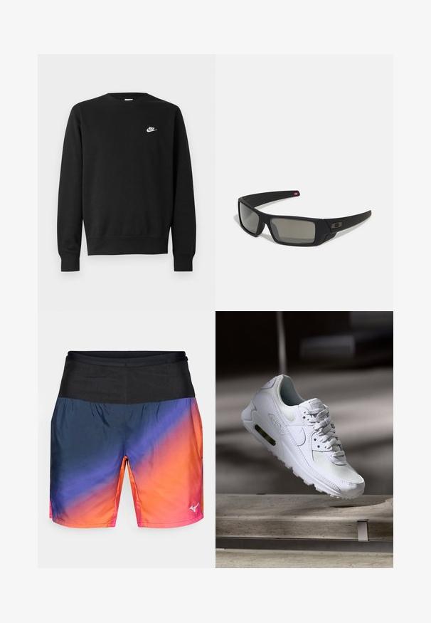 Sudadera negra con cuello redondo, mangas largas y puños de canalé. Presenta un pequeño logo de Nike en blanco en el pecho. Textura suave.; Pantalones cortos deportivos para hombres con un diseño degradado de azul marino a naranja, con una cinturilla negra y tejido suave y ligero.; Zapatilla Nike Air Max 90 blanca con parte superior de malla y cuero, caja de puntera perforada y unidad de aire visible en el talón.; Gafas de sol negras con acabado mate, lentes rectangulares, ligera curvatura en las patillas, sutil detalle del logo y lentes ahumados.