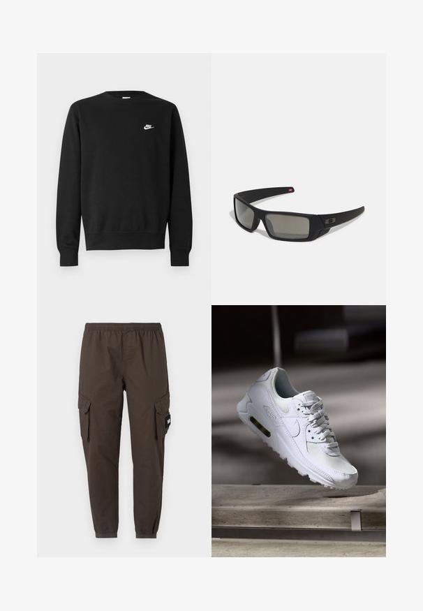 Zwarte sweatshirt met een ronde halslijn, lange mouwen en geribbelde manchetten. Heeft een klein wit Nike-logo op de borst. Zachte textuur.; Cargo broeken van donkerbruine stof, met een elastische tailleband, gefacetteerde pijpen en twee zijzakken met kleppen.; Witte Nike Air Max 90 sneaker met een bovenwerk van mesh en leer, een geperforeerde teenbox en een zichtbare luchtunit in de hiel.; Zwarte zonnebril met een matte afwerking, rechthoekige glazen, een lichte kromming op de slapen, subtiele logodetails en rookgetinte glazen.