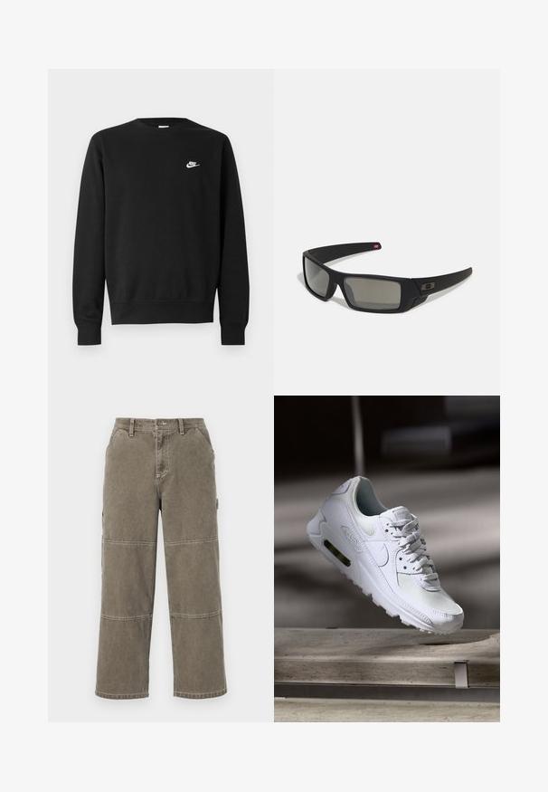 Svart hettegenser med rund hals, lange ermer og ribbestrikkede mansjetter. Har en liten hvit Nike-logo på brystet. Myk tekstur.; Bomull cargo bukser i dempet olivengrønn med vide ben, dobbeltsydde detaljer og sidelommer, med kneppestenging og beltehemper.; Hvit Nike Air Max 90 sneakers med øvre del laget av mesh og skinn, perforert tåboks og en synlig luftenhet i hælen.; Sorte solbriller med mat finish, rektangulære linser, lett kurv på brillestengene, diskret logo detaljer, og røyktinted linser.