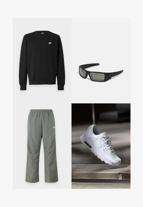 Schwarzer Sweatshirt mit Rundhalsausschnitt, langen Ärmeln und gerippten Bündchen. Verfügt über ein kleines weißes Nike-Logo auf der Brust. Weiche Textur.; Grüne, leichte Hose mit elastischem Bund, weitem Bein Design und einem kleinen Logo auf der Vorderseite. Glattes, synthetisches Material.; Weiße Nike Air Max 90 Sneaker mit einem Obermaterial aus Mesh und Leder, durchlässigem Zehenbereich und einer sichtbaren Air-Einheit in der Ferse.; Schwarze Sonnenbrille mit matter Oberfläche, rechteckigen Gläsern, leichtem Bogen an den Schläfen, dezentem Logo-Detail und rauchgetönten Gläsern.