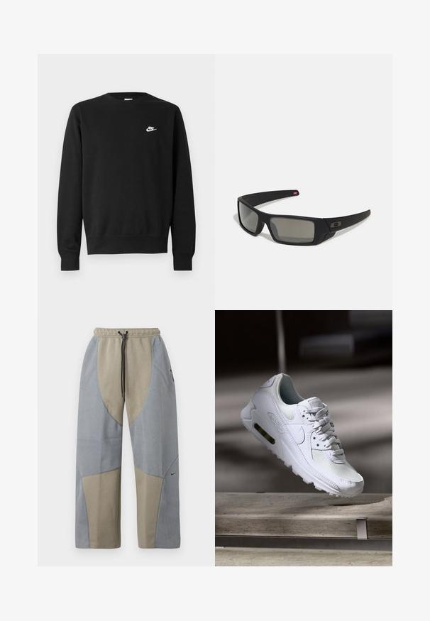 Sweatshirt preto com gola redonda, mangas longas e punhos canelados. Apresenta um pequeno logotipo branco da Nike no peito. Textura suave.; Calças de corte solto com uma palete de cores cinza e bege, apresentando painéis de tecido texturizado e um cós com cordão. Logótipo da Nike de um lado.; Sapatilha Nike Air Max 90 branca com parte superior em malha e couro, caixa de dedos perfurada e uma unidade de ar visível no calcanhar.; Óculos de sol pretos com acabamento mate, lentes retangulares, leve curvatura nas hastes, detalhe sutil do logo e lentes de cor fumada.
