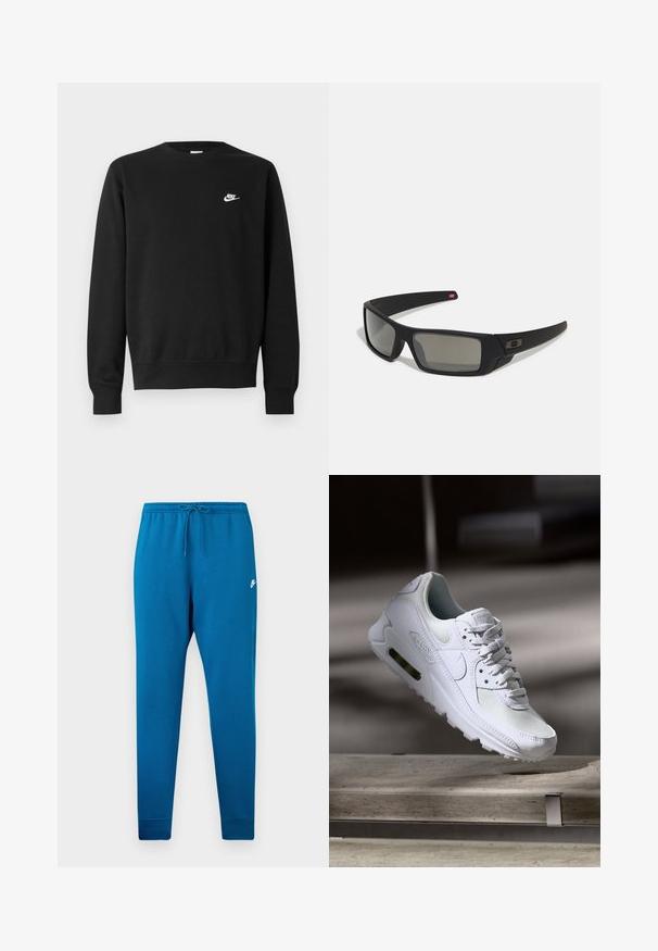 Melnā sporta puskrekla ar apaļu kakla izgriezumu, garām piedurknēm un ribota apdare pie piedurknēm. Uz krūtīm ir mazs balts Nike logo. Mīksta tekstūra.; Zilas sporta bikses ar elastīgu jostasvietu un regulējamu auklu. Ietver baltu logotipu uz augšstilba un sašaurinātas aproces pie potītēm.; Baltas Nike Air Max 90 sporta apavi ar sietu un ādas augšdaļu, caurspīdīgu pirksta daļu un redzamu gaisa vienību papēdī.; Melni saulesbrilles ar matētu apdari, taisnstūra lēcām, nedaudz izliektiem tempļiem, smalkiem logotipa elementiem un dūmu nokrāsas lēcām.