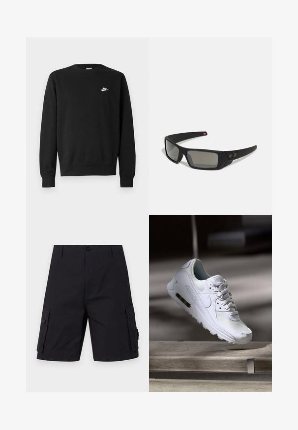 Felpa nera con scollo tondo, maniche lunghe e polsini a coste. Presenta un piccolo logo bianco di Nike sul petto. Texture morbida.; Pantaloni cargo neri con taglio dritto, realizzati in tessuto resistente. Presentano due tasche laterali e chiusura con bottone.; Sneaker Nike Air Max 90 bianco con tomaia in mesh e pelle, punta forata e un'unità air visibile nel tallone.; Occhiali da sole neri con finitura opaca, lenti rettangolari, leggero curvatura sulle tempie, dettaglio logo discreto e lenti color fumo.