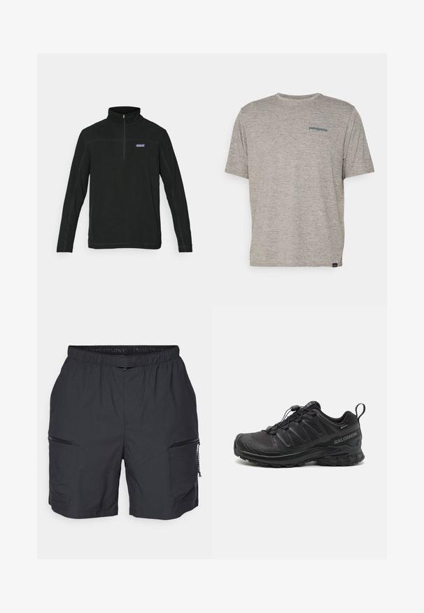 Svart zip-neck fleece genser med lange ermer, flatlock sømmer og logo på venstre bryst. Jevn tekstur, uformell stil og allsidig design.; Grå kortermet t-skjorte laget av mykt, teksturert stoff med en liten blå Patagonia-logo på venstre bryst. Ingen ekstra mønstre.; Sorte atletiske shortser med elastisk liv, to glidelåslommer på sidene og et glatt, lett materiale. Har skrå sømmer.; Svart sportsko med en teksturert syntetisk overdel, polstret såle og et hurtiglenkesystem. Har forsterket tå og hæl.