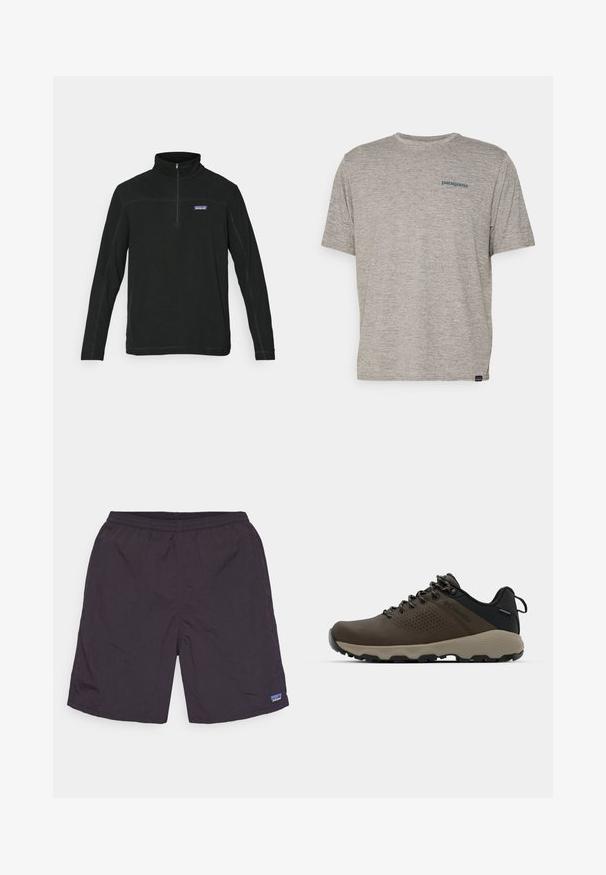 Melnā zipveida fleece puloveris ar garām piedurknēm, plakanām šuvēm un logo uz kreisās krūtis. Gluda tekstūra, ikdienišķs stils un daudzpusīgs dizains.; Pelēka īsām piedurknēm kreks, kas izgatavots no mīkstas teksturētas auduma, ar mazu zilu Patagonia logotipu kreisajā krūtī. Bez papildu rakstiem.; Tumši pelēki šorti, kas izgatavoti no viegla auduma, ar elastīgu jostu, sānu vīlēm un mazu logo birku apakšējā kreisajā pusē.; Brūni ūdensnecaurlaidīgi sporta apavi ar teksturētu virsu, perforētiem akcentiem, melnu papēža atbalstu un pelēku gumijas zoli. Šņores veidotas ar metāliskiem galiem.