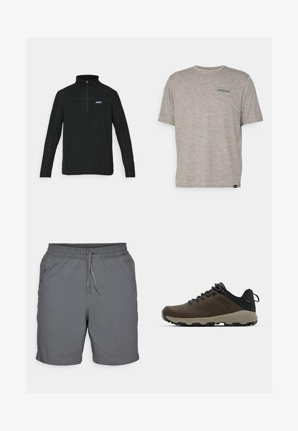 Black zip-neck fleece pullover with long sleeves, flatlock seams, and left chest logo. Smooth texture, casual style, and versatile design.; Gray short-sleeve t-shirt made of soft, textured fabric featuring a small blue Patagonia logo on the left chest. No additional patterns.; Gray shorts made of lightweight fabric with an elastic waistband and drawstring. Features a smooth texture and above-knee length.; Brown waterproof sneakers with a textured upper, perforated accents, black heel support, and a grey rubber sole. Laces are styled with metallic ends.