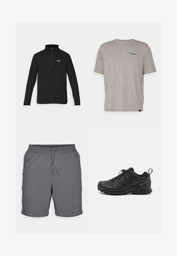 Pullover de fleece preto com gola de fecho, mangas longas, costuras flatlock e logótipo no peito esquerdo. Textura suave, estilo casual e design versátil.; Camiseta cinza de manga curta feita de um tecido suave e texturizado, com um pequeno logo azul da Patagonia no lado esquerdo do peito. Sem padrões adicionais.; Calções cinzentos feitos de um tecido leve com cintura elástica e cordão. Apresentam uma textura suave e comprimento acima do joelho.; Sapatilha atlética preta com um cabedal sintético texturizado, sola acolchoada e um sistema de atilhos rápido. Possui biqueira e calcanhar reforçados.