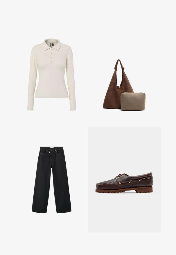 Pleteni pulover s bež in mornarsko modrim argyle vzorcem, pod katerim je bela srajca s črtami in iz teksturiranega, mehkega materiala.; Polo majica z dolgimi rokavi v barvi slonovine iz rebraste tkanine s ovratnikom in petimi kovinskimi gumbi spredaj. Prilagojen kroj.; Visoke črne kavbojke z širokimi hlačnicami, pet žepov in srebrnimi kovinskimi dodatki spredaj za zapiranje.; Rjave usnjene čolnarske čevlje z zlatimi očesi, okroglicami in teksturiranim rjavim gumijastim podplatom. Ima šivano podrobno obdelavo in dvignjen logotip.; Rjava semiš torba za rame z vozlanim trakom, ki vključuje majhno bež zadrgo. Torba ima mehak teksturo in preprost dizajn.
