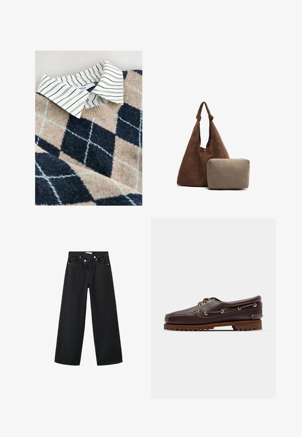 Pleteni pulover s bež in mornarsko modrim argyle vzorcem, pod katerim je bela srajca s črtami in iz teksturiranega, mehkega materiala.; Visoke črne kavbojke z širokimi hlačnicami, pet žepov in srebrnimi kovinskimi dodatki spredaj za zapiranje.; Rjave usnjene čolnarske čevlje z zlatimi očesi, okroglicami in teksturiranim rjavim gumijastim podplatom. Ima šivano podrobno obdelavo in dvignjen logotip.; Rjava semiš torba za rame z vozlanim trakom, ki vključuje majhno bež zadrgo. Torba ima mehak teksturo in preprost dizajn.