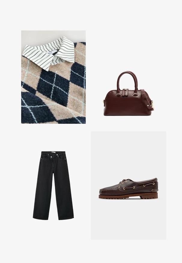 Gestrickter Pullover mit einem Fischgrätenmuster in Beige und Marineblau, darunter ein weißes gestreiftes Hemd mit Kragen und aus einem strukturierten, weichen Material.; Hochtaillierte schwarze Denim-Jeans im weiten Bein-Design, im Fünf-Taschen-Stil, mit silberner Metallbeschläge vorne zum Schließen.; Braune Lederbootsschuhe mit goldenen Ösen, runden Schnürsenkeln und einer strukturierten braunen Gummisohle. Verfügt über genähte Details und ein erhabenes Logo.; Burgunderfarbene Lederhandtasche mit doppelten Traghenkeln, abnehmbarem Schultergurt, goldfarbenen Hardware-Akzenten und runder Form. Mit Reißverschlussverschluss.