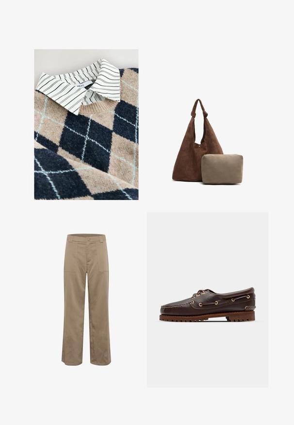 Gestrickter Pullover mit einem Fischgrätenmuster in Beige und Marineblau, darunter ein weißes gestreiftes Hemd mit Kragen und aus einem strukturierten, weichen Material.; Khaki weit geschnittene Hosen mit geradem Schnitt, aus strukturiertem Stoff, mit zwei vorderen Taschen und einem Knopfverschluss an der Taille.; Braune Lederbootsschuhe mit goldenen Ösen, runden Schnürsenkeln und einer strukturierten braunen Gummisohle. Verfügt über genähte Details und ein erhabenes Logo.; Braune Wildleder-Umhängetasche mit einem geknoteten Trageriemen, die ein kleines beige Reißverschlusstäschchen enthält. Die Tasche hat eine weiche Textur und ein einfaches Design.