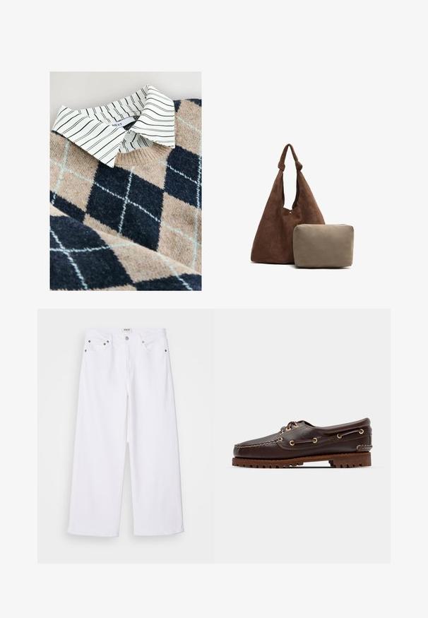 Sweter dzianinowy z wzorem argyle w odcieniach beżu i granatu, z białą koszulą z kołnierzykiem w paski pod spodem oraz z teksturowanego, miękkiego materiału.; Białe dżinsy z szerokimi nogawkami, wykonane z denimu, z pięcioma kieszeniami, metalowymi detalami oraz wysokim stanem, z czystym wykończeniem u dołu.; Brązowe skórzane buty w stylu boat shoe z złotymi oczkami, okrągłymi sznurowadłami oraz teksturowaną brązową gumową podeszwą. Zawierają przeszycia i wypukłe logo.; Brązowa zamszowa torebka na ramię z węzłowym paskiem, z małą beżową saszetką na zamek. Torba ma miękką fakturę i prosty design.