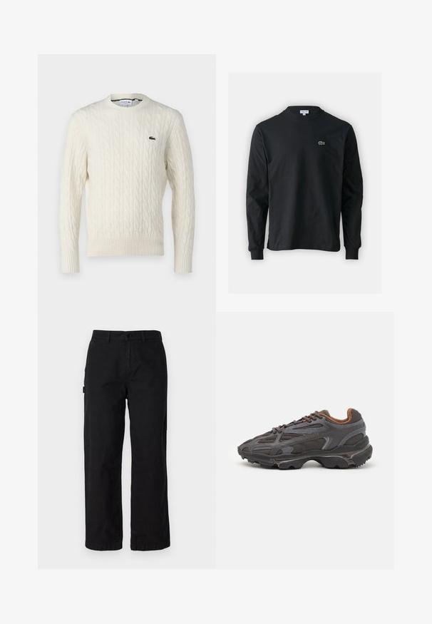 Suéter creme de malha trançada com decote redondo, punhos e bainha canelados, e um logotipo verde da Lacoste no peito. O tecido texturizado realça o detalhe.; Camisola preta de manga longa feita de algodão, com decote redondo e um pequeno logótipo de crocodilo bordado em verde no lado esquerdo do peito.; Calças cargo de algodão pretas com um design de perna reta, apresentando bolsos laterais e um fecho frontal com botão. Tecido durável com uma textura suave.; Ténis Lacoste em cinza-escuro com material em malha e sintético, apresentando uma sola texturizada e detalhes castanhos na gola e na marca.
