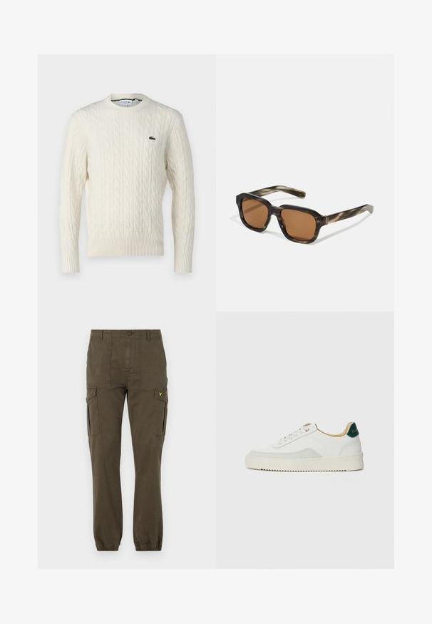 Krémový svetr s kabelovým pletením a kulatým výstřihem, s ribovanými manžetami a lemem, a se zeleným logem Lacoste na hrudi. Texturovaná látka zvýrazňuje detaily.; Olivově zelené cargo kalhoty vyrobené z bavlny, s dvěma bočními kapsami, elastickými manžetami a malým žlutým logem poblíž pasu.; Bílé tenisky se semišovými prvky, kulatou špičkou, plochými tkaničkami a krémovou gumovou podrážkou. Na patě mají zelené logo.; Plastové sluneční brýle s želvovinovým vzorem, osmiúhlé hnědé čočky a tenké zlaté kovové detaily na rámu.; Perlový náhrdelník se stříbrným zapínáním. Obsahuje kulaté bílé perly a dekorativní středový prvek posázený rhinestonem.