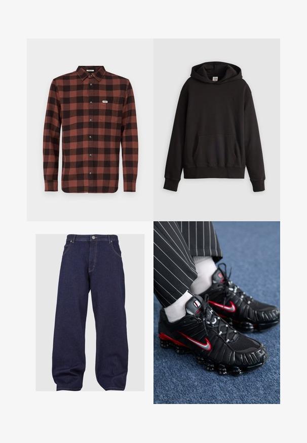 Juodas Levi's džemperis su kišene priekyje ir subtiliu logotipu išsiuvinėtu ant krūtinės, pateiktas prieš paprastą šviesią fono.; Raudono ir juodo languoto ilgomis rankovėmis marškiniai, pagaminti iš medvilnės, su mygtukų apykakle, pilnu mygtukų užsegimu ir krūtinės kišene su logotipu.; Tamsiai mėlynos džinsinės kelnės su laisvu siluetu, turinčios mygtukinį uždarymą, penkis kišenes ir kontrastingus siūlus palei siūles.; Juodi sportiniai bateliai su raudonais ir sidabriniais akcentais, tinkline ir tekstūruota sintetine medžiaga, raišteliais rišama konstrukcija ir matoma amortizuojanti padanga.